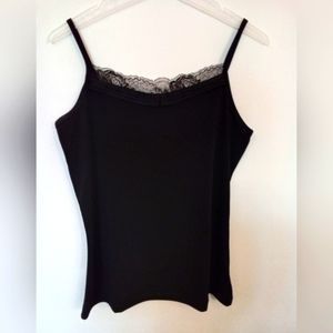 Cleo Women's Black Spaghetti Strap Pintuck Detailing Lace at Neckline Camisole